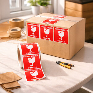 Dikkat Kırılır Etiketi (7x8cm) - 100'lü Rulo | Kargonuzun Sigortası - 2