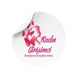 'Kadın Girişimci' Baskılı Teşekkür Stickerı - Pembe Kelebekli (4x4 cm) - 48 Adet - koliciabla