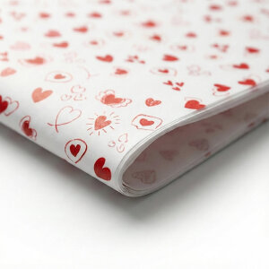 Kırmızı Kalp Baskılı Beyaz Pelur Kağıt (32x45 cm) - 100 Adet | Premium Kalite (40 gr) - koliciabla