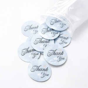 Pastel Mavi & Yaprak Desenli 'Thank You' Sticker (4x4cm) - 48 Adet | Ferah Bir Teşekkür - 4