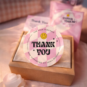 'Retro-Pop' Pembe Damalı 'Thank You' Sticker (4x4cm) - 48 Adet | Genç ve Trend Paketleme! - 7