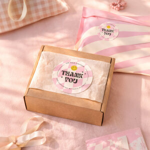 'Retro-Pop' Pembe Damalı 'Thank You' Sticker (4x4cm) - 48 Adet | Genç ve Trend Paketleme! - 6