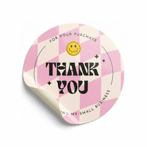 'Retro-Pop' Pembe Damalı 'Thank You' Sticker (4x4cm) - 48 Adet | Genç ve Trend Paketleme! - koliciabla