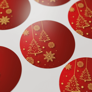 Yılbaşı Ağacı Desenli Yuvarlak Sticker - Kırmızı Gold Hediye Etiketi (4x4 cm) - 48 Adet - 2