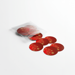 Yılbaşı Ağacı Desenli Yuvarlak Sticker - Kırmızı Gold Hediye Etiketi (4x4 cm) - 48 Adet - 5