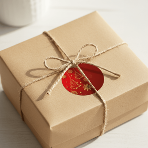 Yılbaşı Ağacı Desenli Yuvarlak Sticker - Kırmızı Gold Hediye Etiketi (4x4 cm) - 48 Adet - 6