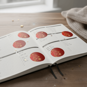 Yılbaşı Ağacı Desenli Yuvarlak Sticker - Kırmızı Gold Hediye Etiketi (4x4 cm) - 48 Adet - 7