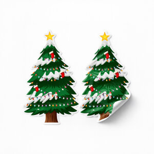 'Yılbaşı Çam Ağacı' Sticker - Renkli Işıklar ve Karlı Tasarım (4x8 cm) - 70 Adet - 3