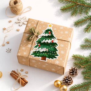 'Yılbaşı Çam Ağacı' Sticker - Renkli Işıklar ve Karlı Tasarım (4x8 cm) - 70 Adet - 5