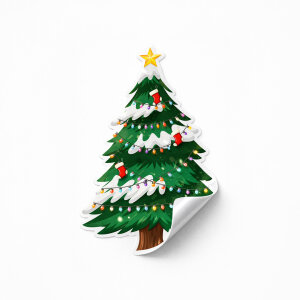 'Yılbaşı Çam Ağacı' Sticker - Renkli Işıklar ve Karlı Tasarım (4x8 cm) - 70 Adet - koliciabla